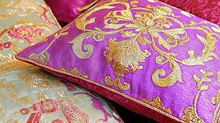   Close-up photo of two pillows - one with gold and pink design, the other with pink and gold