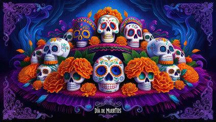 Vibrant d?a de los muertos ofrenda altar with colorful sugars skulls and marigolds