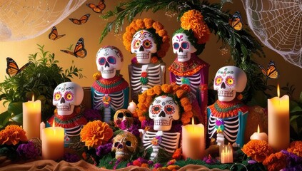 Vibrant dia de los muertos ofrenda display with catrinas and marigolds