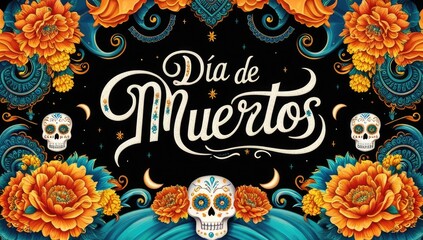 Vibrant día de muertos celebration with marigolds and sugar skulls