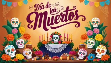 Vibrant día de los muertos celebration with colorful sugar skulls and flowers