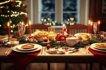 Fototapeta premium Beautiful table setting for family Christmas dinner at home with Christmas lights and decorations in the background