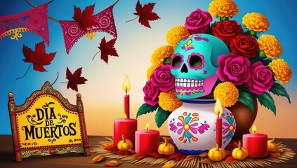 Vibrant día de muertos altar with sugar skull, candles, and marigolds