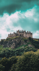 Fototapeta premium Edinburgh Castle perched on hilltop, surrounded by lush greenery and dramatic skies