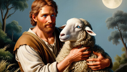 Peaceful shepherd embracing sheep under moonlit sky