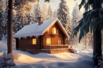 A typical red cabin in a snowy winter wonderland with lights in the windows casting a cozy, warm glow.