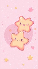 Two kawaii stars smiling and winking on pink background