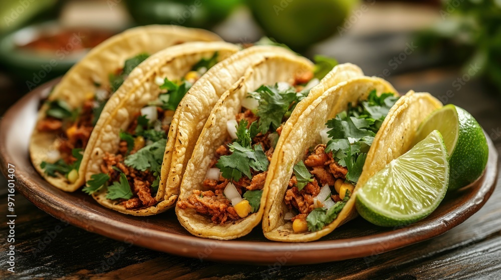 Canvas Prints A plate of tacos filled with meat, topped with cilantro and served with lime wedges.