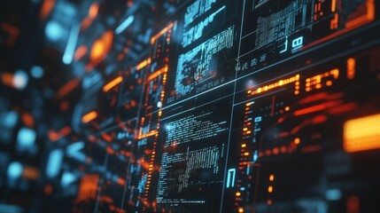 Obraz premium Futuristic digital interface displaying data streams and visualizations.