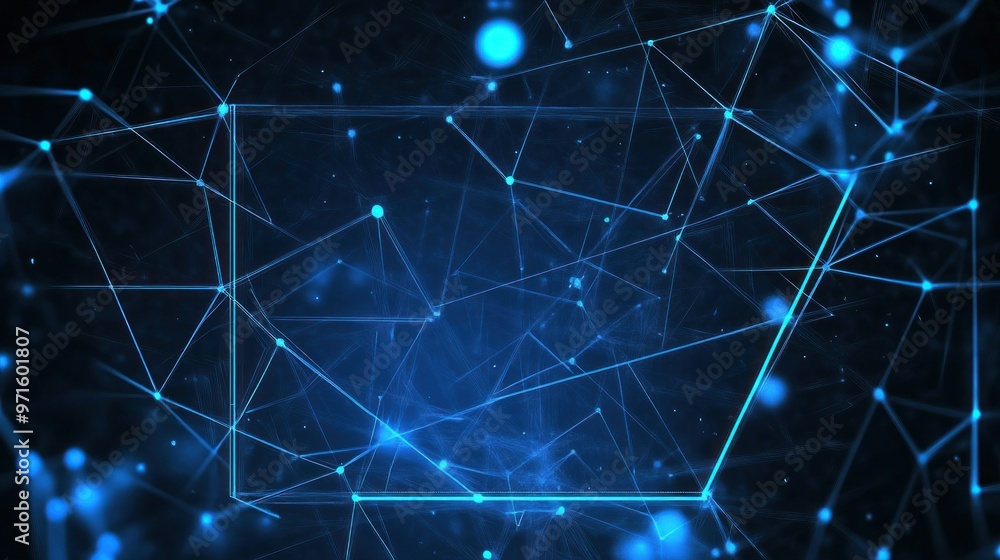 Poster abstract digital background featuring interconnected lines and nodes in blue tones.