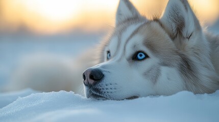 Siberian husky dog relaxing on snow at sunset