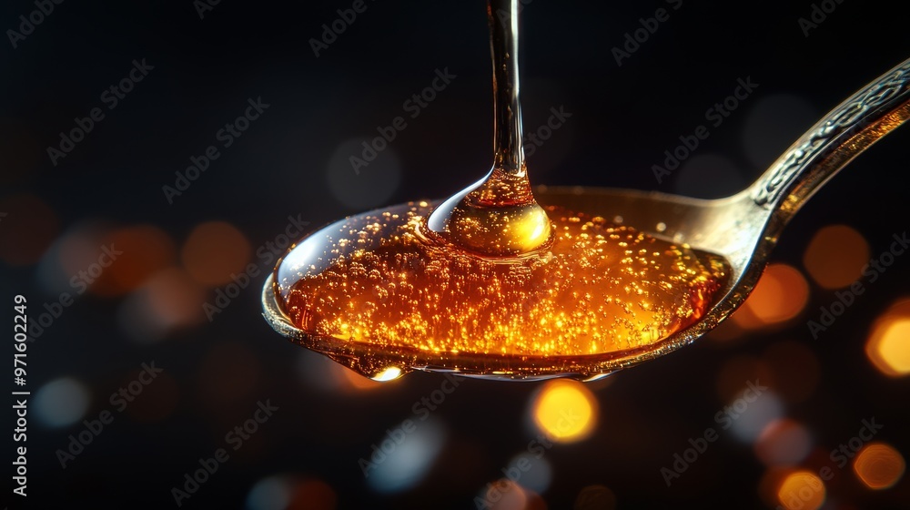 Poster golden honey dripping into spoon with bokeh background