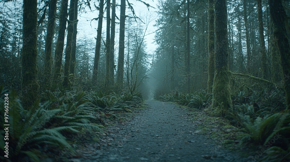 Poster a path in the middle of a dense forest, surrounded by towering trees on both sides, and shrouded in 