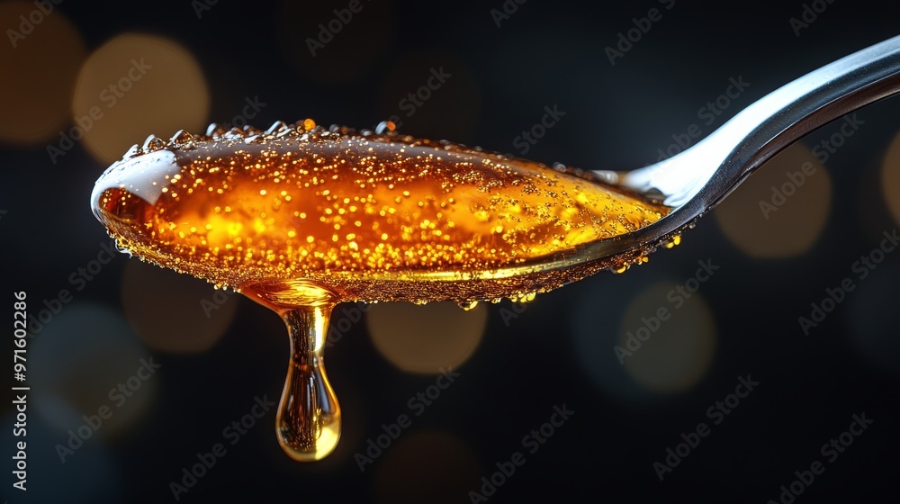 Poster spoon overflowing with honey dripping against dark background with bokeh