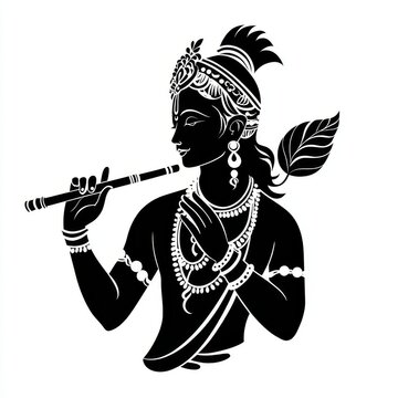 recommend clip art: Krishna, the Divine Flute Player: An exquisite black and white illustration of the Hindu god Krishna playing his flute with serene expression and flowing garments.