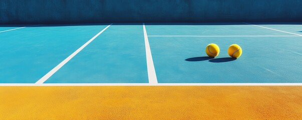 Two tennis balls resting on blue tennis court on sunny day