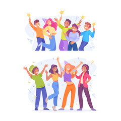 Holiday with Group of Man and Woman Cheering Vector Set
