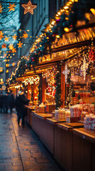 Obraz premium Festive Christmas market scene with glowing stalls and lights
