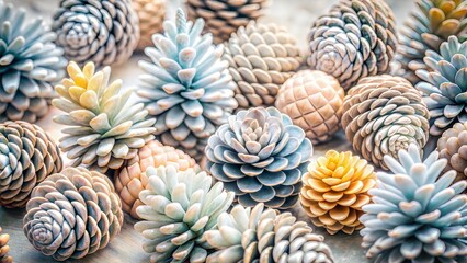Fototapeta premium Colorful decorative pine cones in soft pastel tones, top view