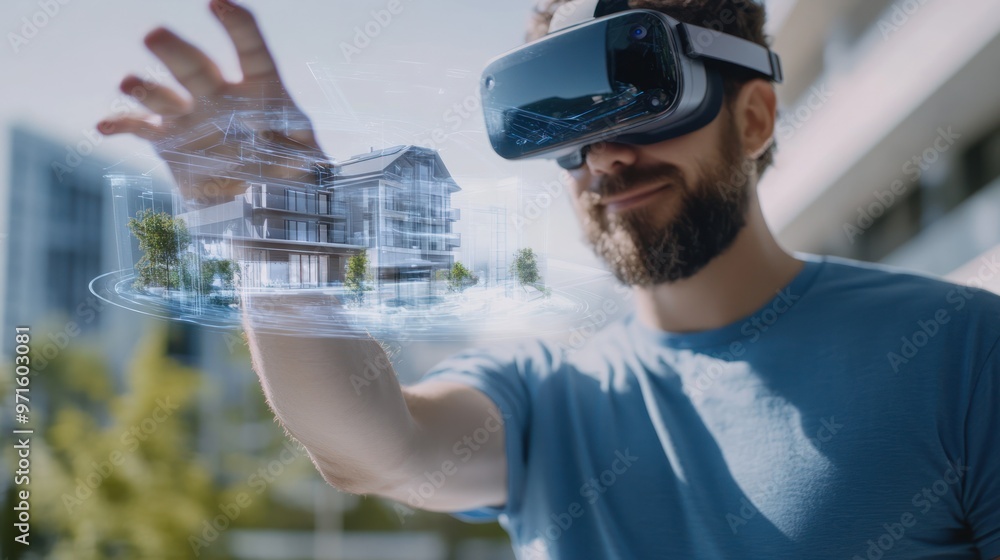 Aufkleber man using vr headset to view a 3d model of a house