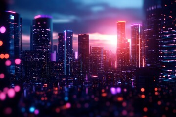Fototapeta premium A captivating view of a futuristic cityscape at night, illuminated by vibrant neon lights. The towering skyscrapers and intricate details evoke a sense of wonder and progress. The scene is a testament