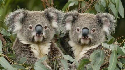 Naklejka premium Two koalas facing the camera from opposite sides of the photo while perched on a branch