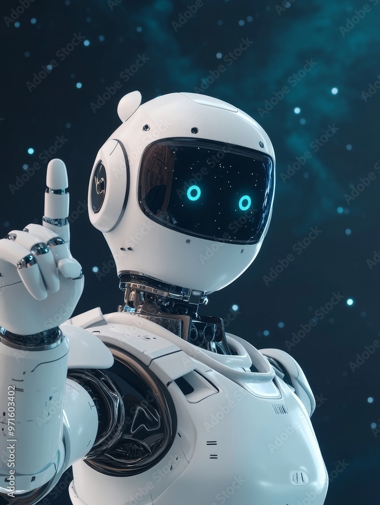 Poster a cheerful and optimistic robot with glowing blue eyes, pointing up with its index finger against a 