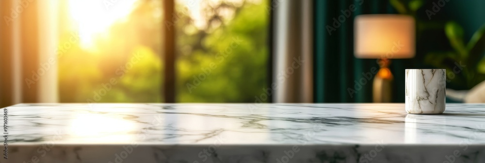 Poster a clean, white marble tabletop with a blurred background of a window with sunlight streaming in, rep