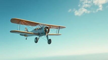 A classic biplane, painted in vintage blue and white, gracefully glides through the azure sky. The aircraft's wooden frame and exposed engine add to its nostalgic charm. White clouds drift gently in t