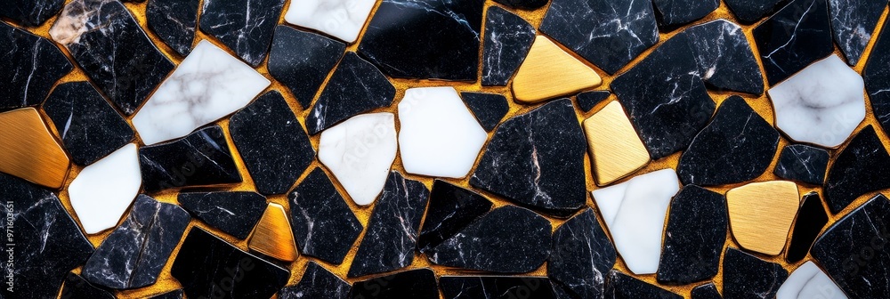 Poster a close-up image of an abstract terrazzo floor design background. the design features irregular, geo