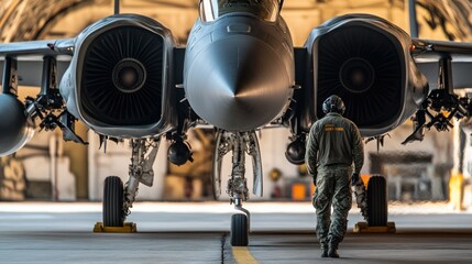 A military personnel approaches a fighter jet in a hangar, showcasing aviation and readiness.