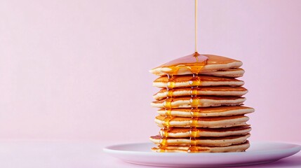 A tall stack of pancakes with honey drizzling down, set against a pastel lavender background for a minimalist breakfast vibe