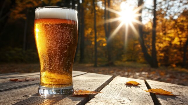 A crystal-clear mug of golden beer rests on a weathered wooden table, surrounded by colorful autumn leaves in a serene forest during sunset