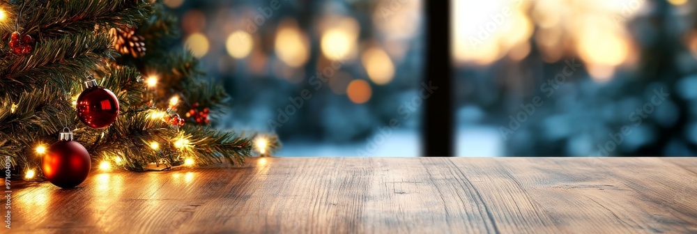 Poster a close-up of a wooden table with a christmas tree and lights in the foreground. the background feat