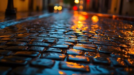 A glistening cobblestone street reflects city lights after rain.