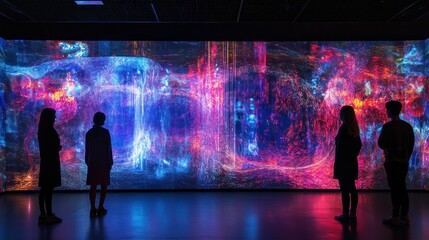 Obraz premium People Silhouetted in Front of a Large Digital Art Display Depicting a Colorful Abstract Galaxy