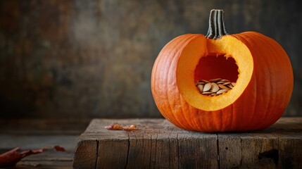 A hollowed-out pumpkin sits on a wooden surface, showcasing its seeds inside.