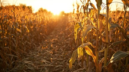 A sunlit cornfield with rows of tall corn plants, capturing the essence of harvest season.
