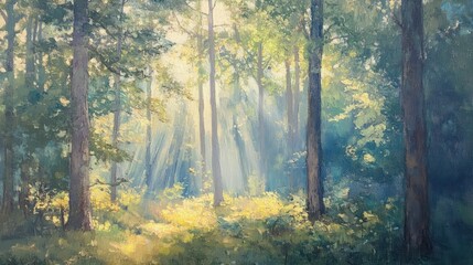 Naklejka premium Sunlight filtering through a dense forest, illuminating the forest floor with a golden glow.