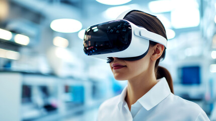 Biotech researchers using virtual reality to manipulate molecular structures in a futuristic lab