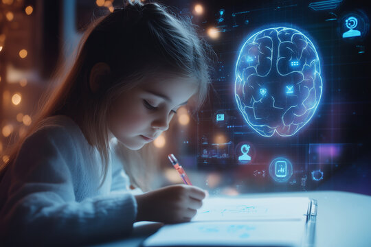 A young child takes notes under soft lighting while using a futuristic AI brain interface to enhance learning in a cozy study space
