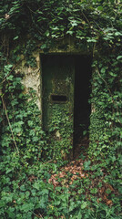 Hidden underground shelter camouflaged by nature, surrounded by lush greenery