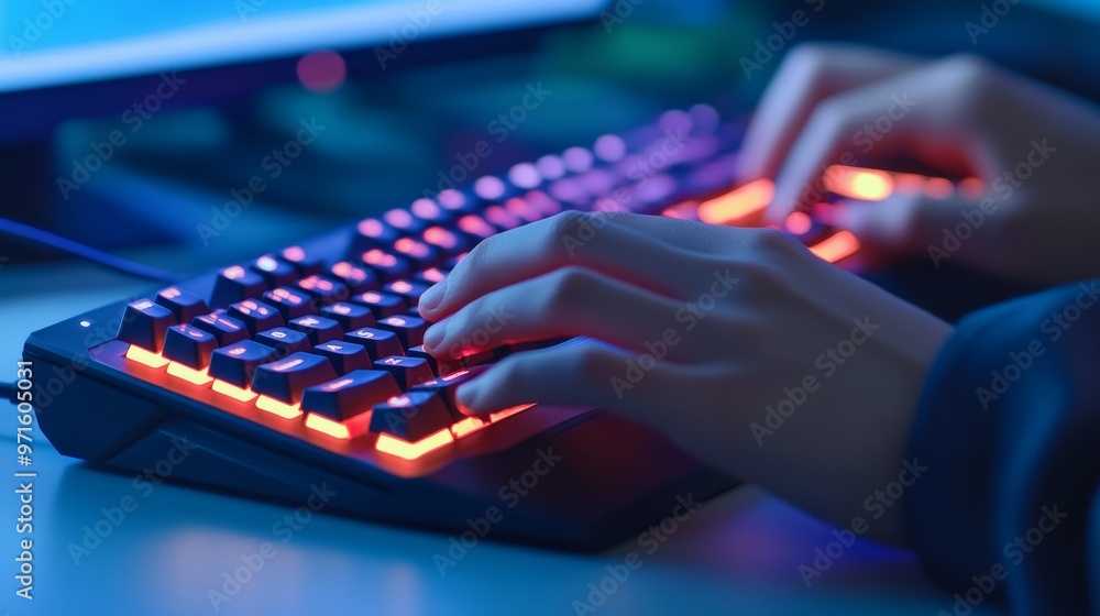 Poster a close-up shot of hands typing on a backlit keyboard with vibrant neon colors. the image symbolizes