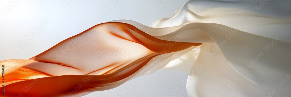 Poster a close-up shot of sheer, flowing fabric in white and orange hues, creating an abstract pattern of l