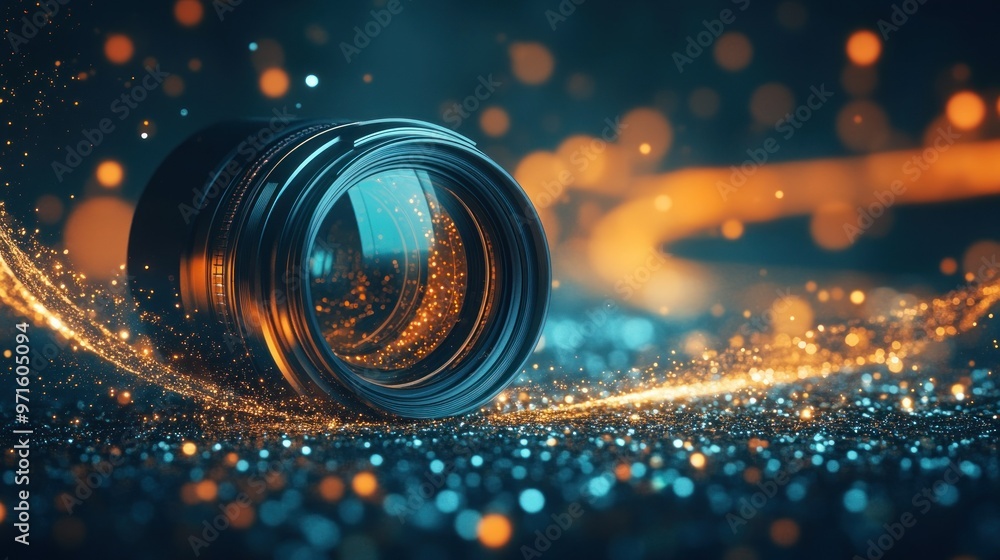 Poster a close-up of a camera lens surrounded by shimmering particles and light effects.