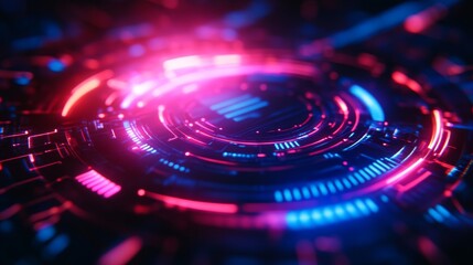 A close-up shot of futuristic technology with glowing neon lights in pink and blue. The image symbolizes innovation, progress, and the future of technology. It also represents the power and beauty of 