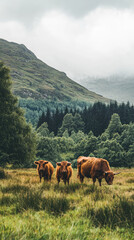 Highland cows grazing in Scottish countryside, surrounded by lush greenery and mountains
