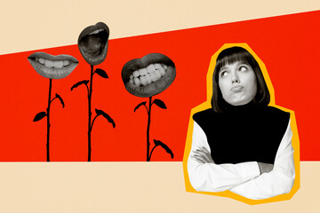Composite photo collage of upset girl unusual flowers field instead bud human moth hate abuse...
