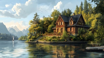 Obraz premium Quaint house by water, painted with rich textures image