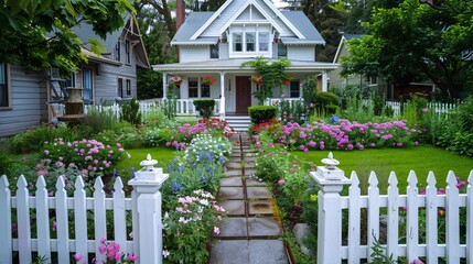 Charming White Picket Fence Leading to a Quaint House with a Lush Garden